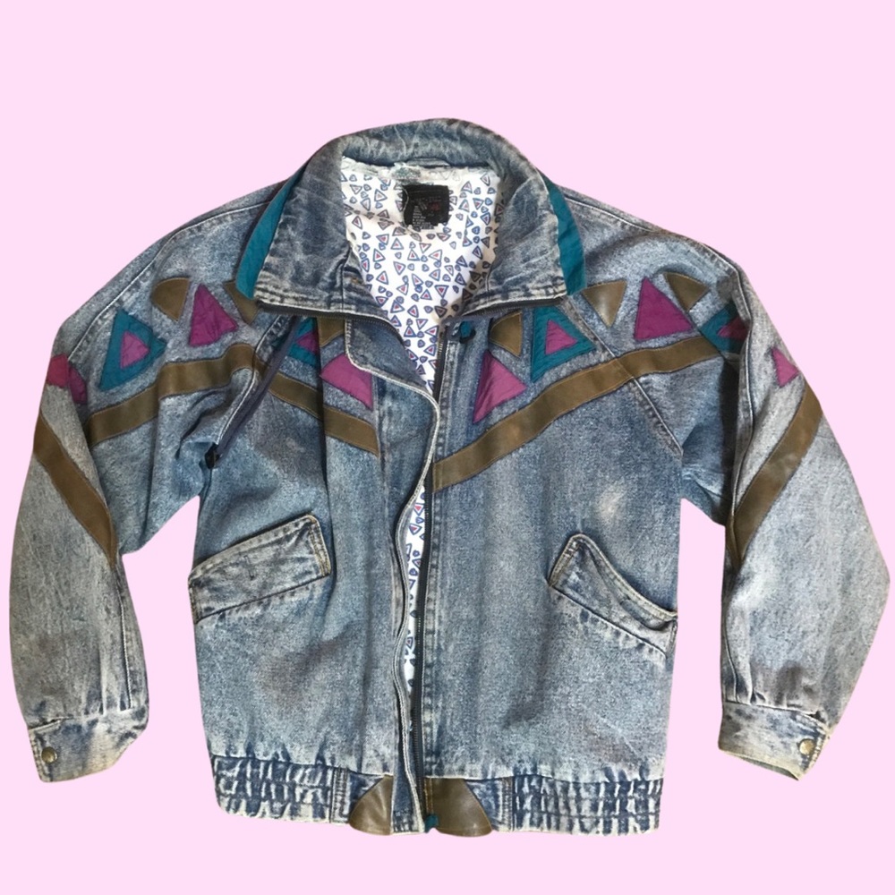 80s Style Geometric Patterned Denim Jacket